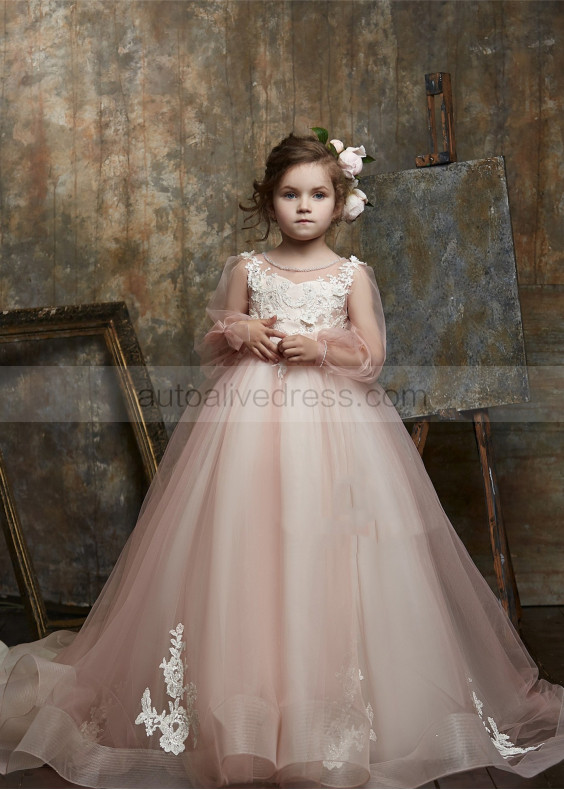 Beaded Neck Ivory Lace Blush Pink Tulle Flower Girl Dress